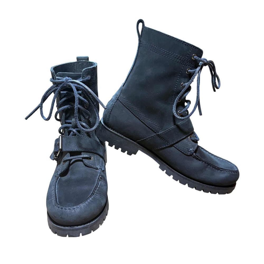 Polo Ralph Lauren Ranger Black Leather Buckle Lace Up Moc Toe Combat Boots Mens